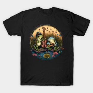 Cottagecore aesthetic frogs playing ukelele on Mushroom T-Shirt